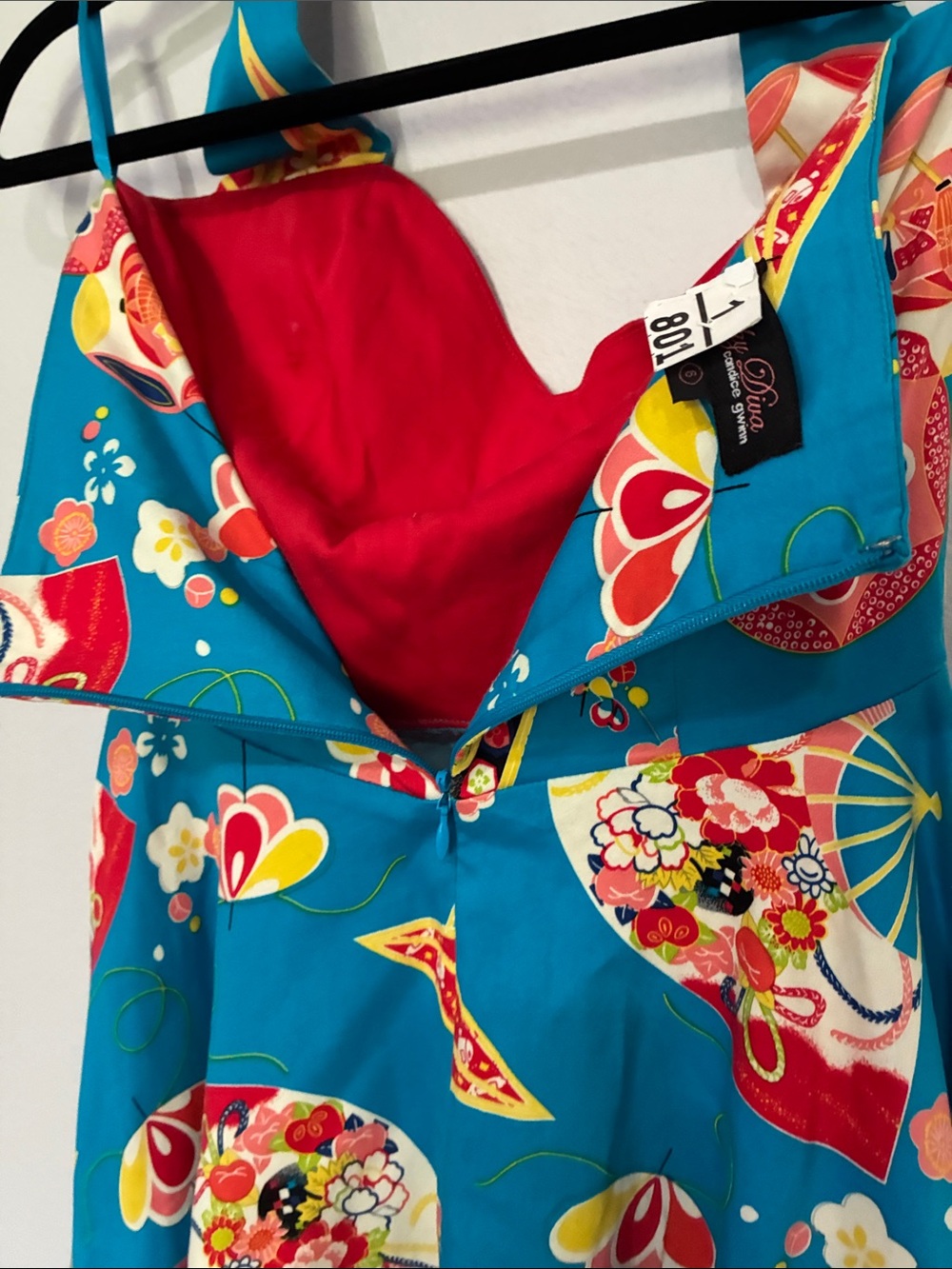 Trashy Diva Teal Floral Fit-and-Flare Geisha Fan Asian Dress with Red Bust - Picture 10 of 12